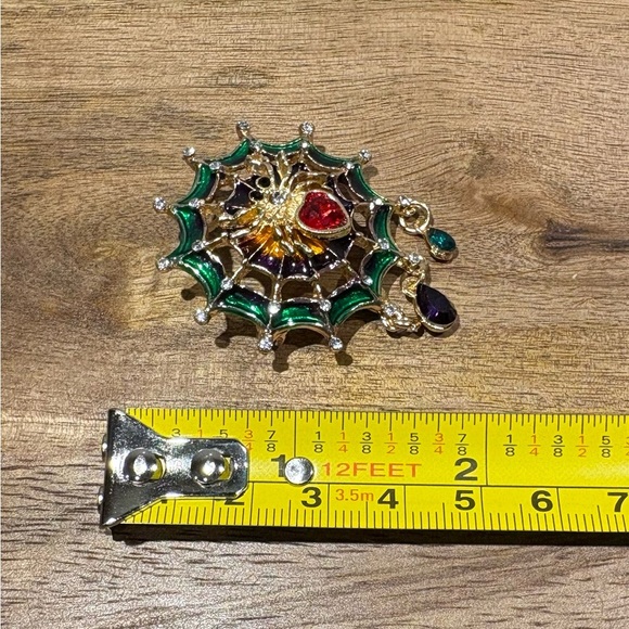 Gothic Halloween Spiderweb Brooch | Enameled Green Red Crystal Spider Dangles - Picture 6 of 8